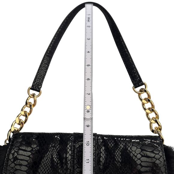 Michael Kors Black Python Embossed Leather &‎ Rabbit Fur Fulton Shoulder Bag - Picture 10 of 10